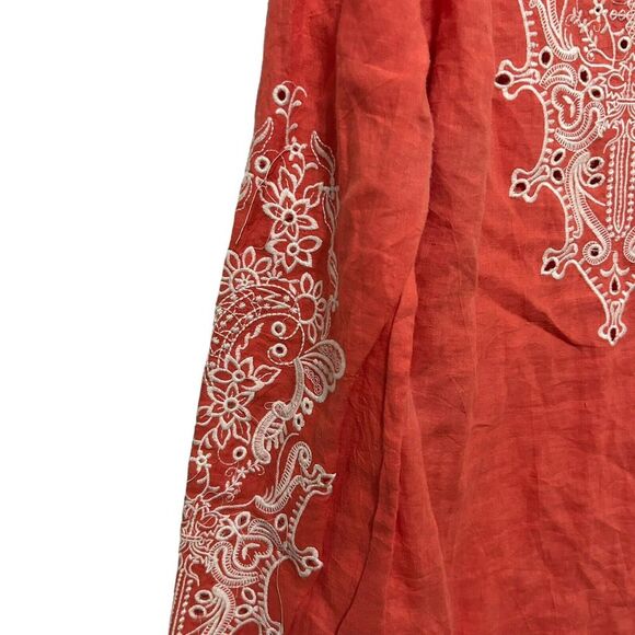 Monoreno Embroidered  100 % Linen Peasant Blouse Long Sleeve Salmon Red Small - Picture 10 of 15